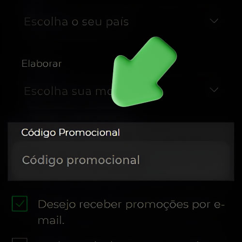 Instrução Insira o código promocional Betify